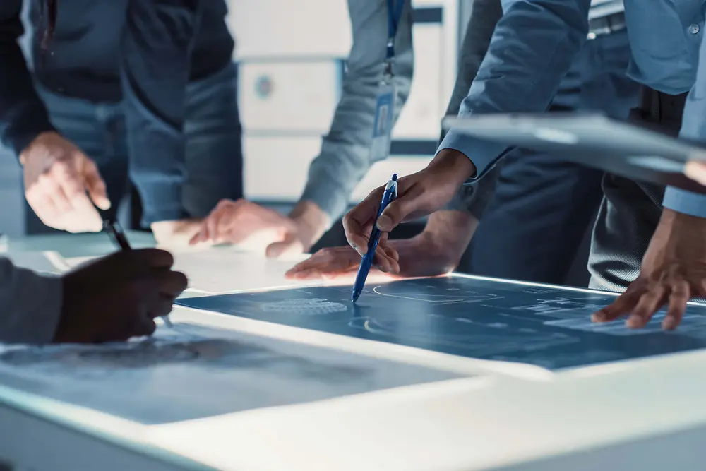 Close-up view of several people gathered around a large illuminated table, reviewing and marking technical blueprints with pens and digital devices.